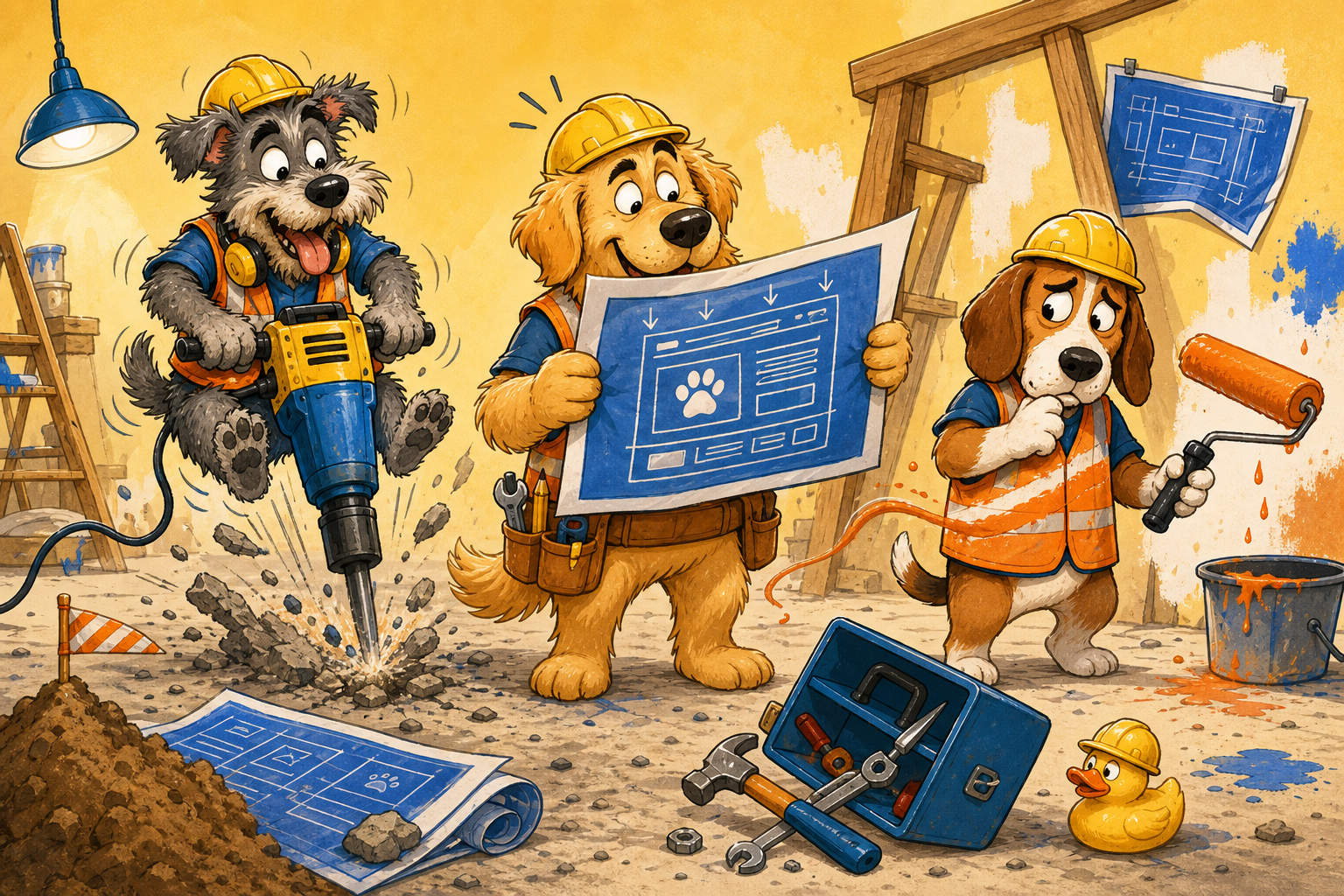 Three cartoon dogs in hard hats causing a harmless, funny construction-site mishap while renovating a website
